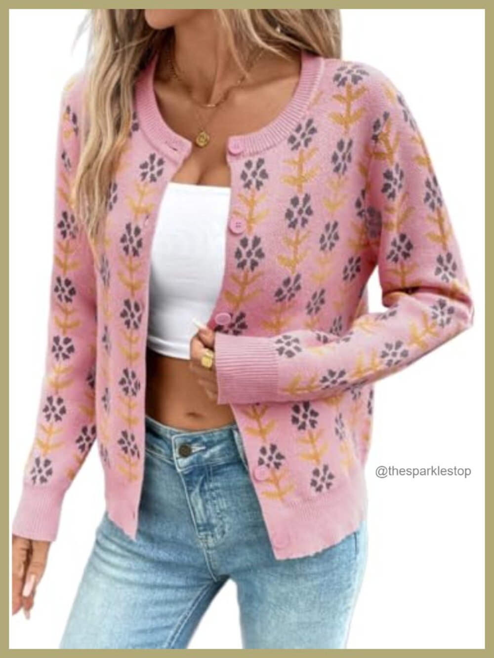 Knit Floral Cardigan Sweater Button Down Cropped Long Sleeve Crew Neck
